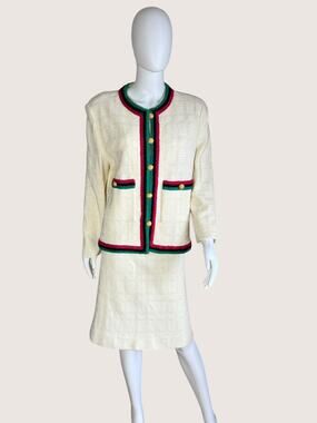Vintage Ivory Textured Knit Jacket & Skirt Suit Set